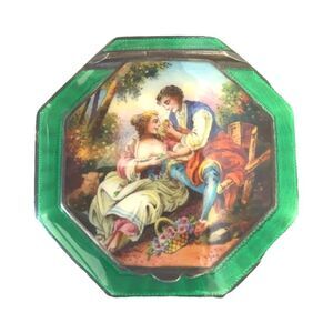 Antique Hand-Painted Guilloché Enamel Powder Compact - Sterling Silver, Austria